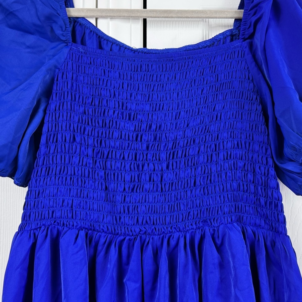 NWT Blue Smocked Off Shoulder Dress Large Stretchy Boho Mini - Picture 3 of 8